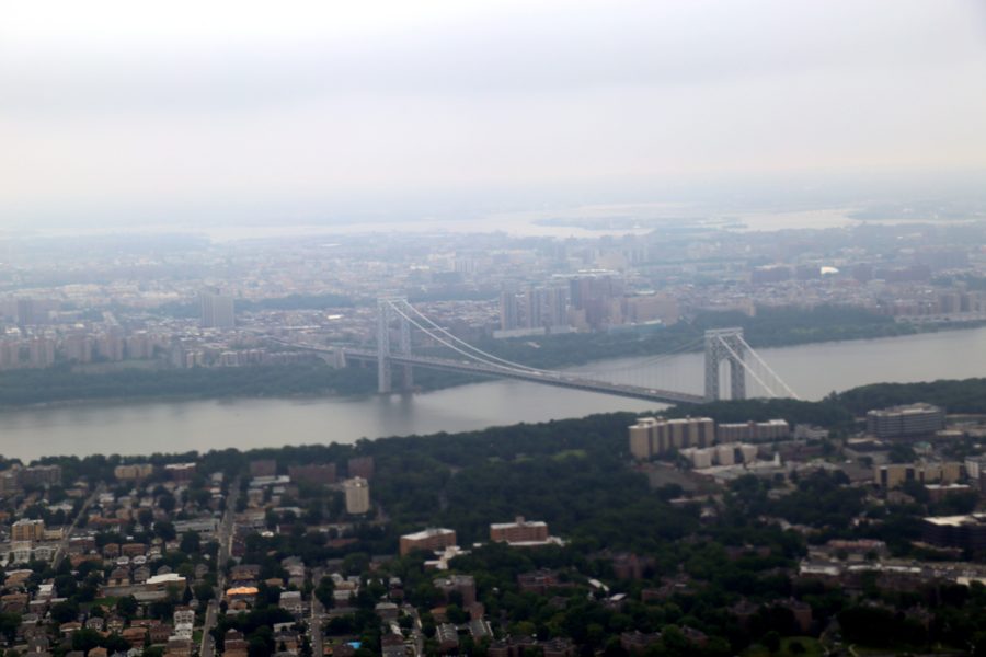 Aerial view above Englewood, New Jersey, toward the George Washington Bridge