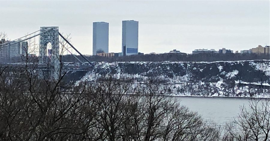 The George Washington Bridge, Fort Lee high-rises and the Palisades in winter